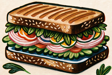 sandwich with cheese and vegetables on isolated background cartoon illustration fast food