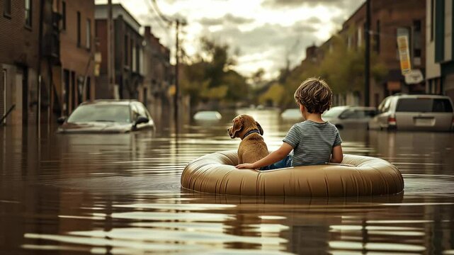 A little boy and his dog floating on an inflatable raft in a flooded city street	
