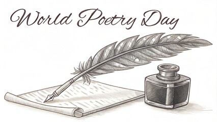 World Poetry Day celebration with a quill, ink bottle, and parchment paper
