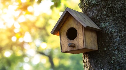 A Small Wooden Birdhouse Hanging on a Tree with a Transparent Background