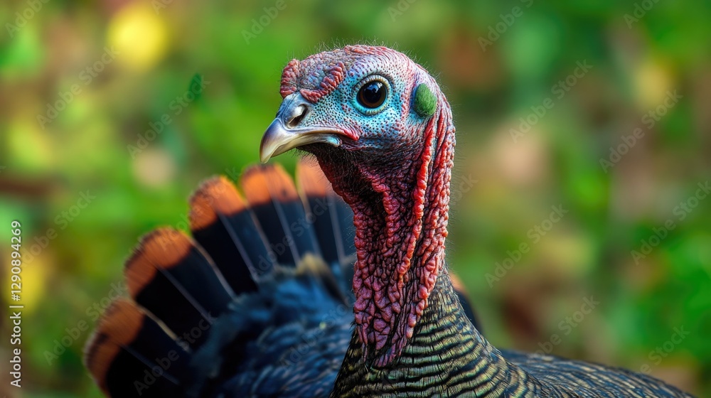 Poster a close-up view of a turkey's head with a blurred background