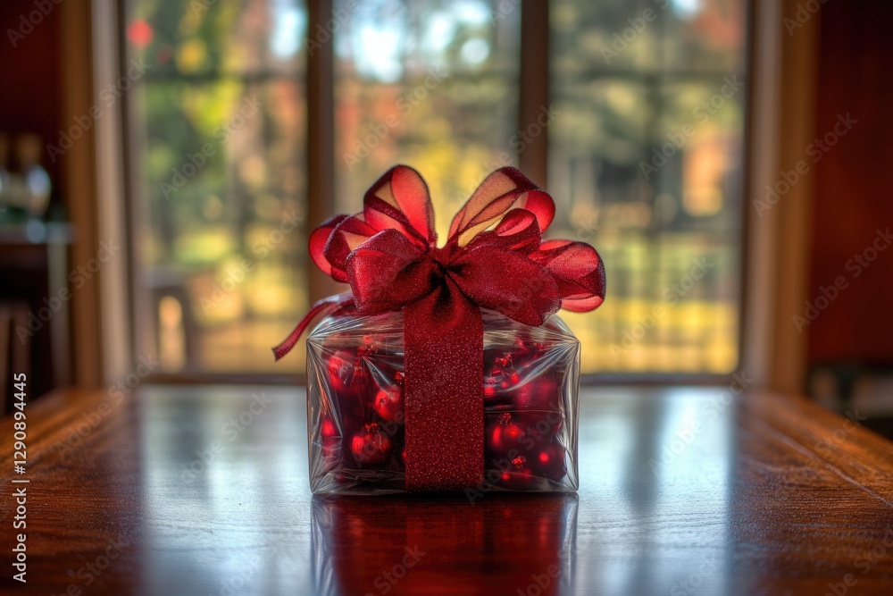 Poster a small gift box wrapped with a red bow sitting on a table