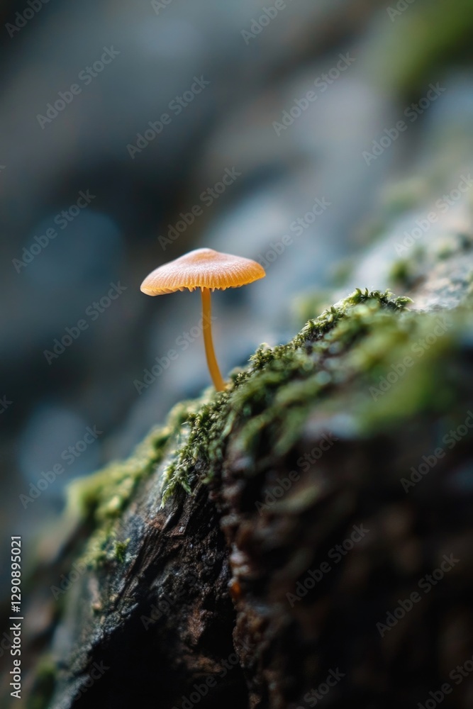 Poster a small mushroom sits atop a moss-covered rock in a natural setting