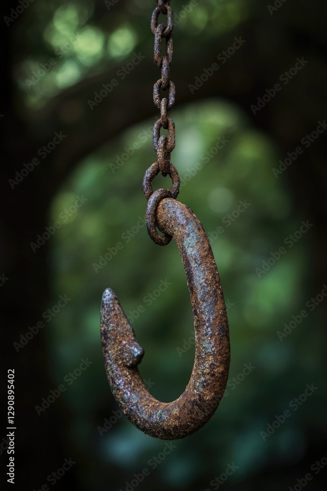Poster a rusty metal hook hangs from a tree branch