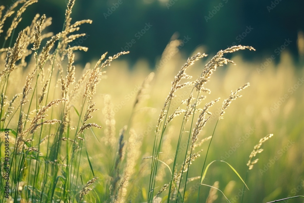 Poster A field of tall grass surrounded by trees in a dense forest
