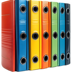 Colorful ring binders stacked together.