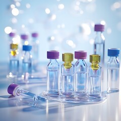 Group of bottles with purple caps alongside magazine featuring immunotherapy breakthroughs in photography