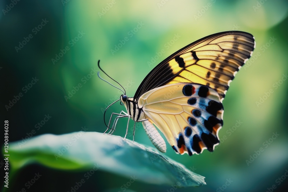 Poster a close-up shot of a butterfly perched on a leaf, showcasing its delicate features