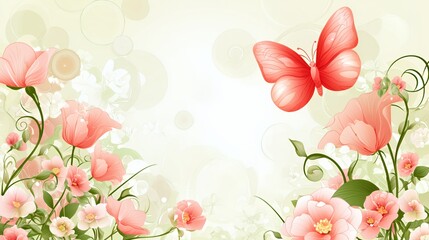 Red Butterfly and Pink Flowers on Light Green Background