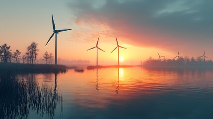 Breathtaking sunset over wind turbines in a vast open field with vibrant colors painting the evening sky