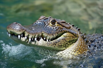 A close-up shot of a crocodile's face submerged in water, its eyes and nostrils visible