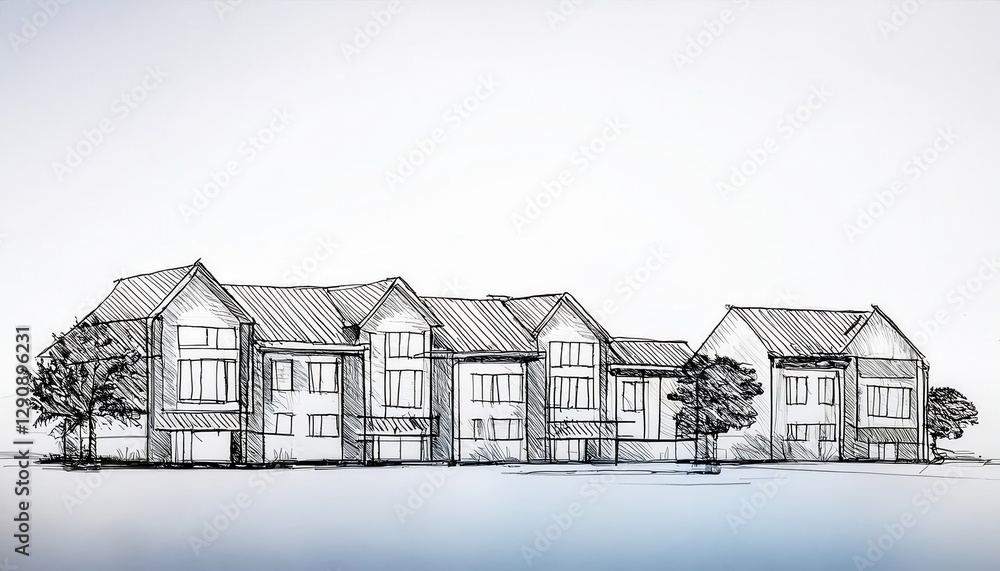 Poster minimalist hand drawn sketch of a housing estate from a panoramic south view showcasing simple desig