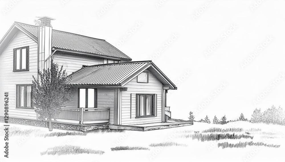 Poster minimalist hand drawn sketch of a village house captured from a panoramic viewpoint, showcasing simp