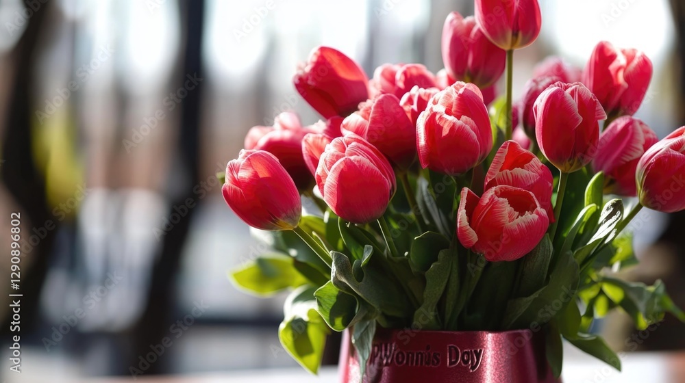 Poster a single stem vase filled with red tulips placed on a table, perfect for decorative purposes or as a