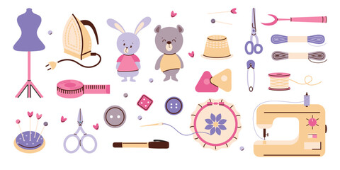 A set of sewing accessories for needlework and sewing on a white background. Vector design.