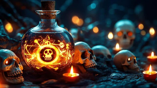 A glowing potion bottle surrounded by skulls and candles, The potion bottle emits an eerie light with skulls are arranged around, Halloween elements	