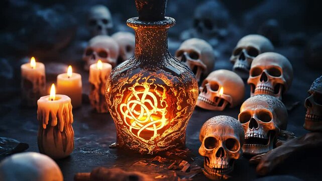 A glowing potion bottle surrounded by skulls and candles, The potion bottle emits an eerie light with skulls are arranged around, Halloween elements	