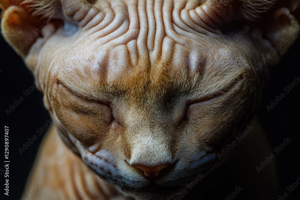 Poster a close-up shot of a cat resting with its eyes shut, highlighting its fur and whiskers