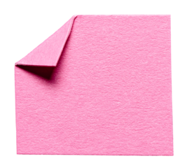 Pink isolated cut out blank paper note cardboard with folded corner dog-ear earmark and copy space for text, transparent png background design element