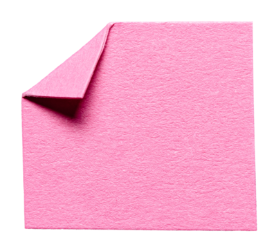 Pink isolated cut out blank paper note cardboard with folded corner dog-ear earmark and copy space for text, transparent png background design element