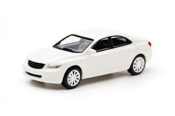 A small white toy car sitting on a clean and empty white surface