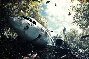 Fototapeta premium An abandoned airplane lies amidst dense greenery, its structure deteriorating. Sunlight filters through the trees, highlighting the contrast of nature and decay. Generative AI