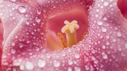 Macro shot of pink flower petals with fresh water droplets, symbolizing purity and natural beauty