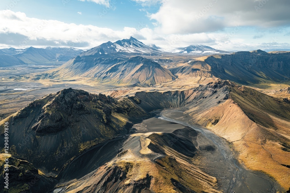 Poster Aerial view of a mountain range with a river flowing through, suitable for maps or travel guides