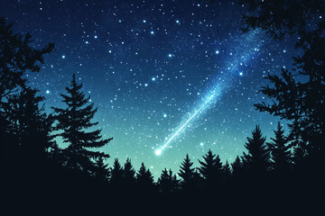 Fototapeta premium Starry sky with northern lights, forest landscape. Green and blue colors. Photorealistic.