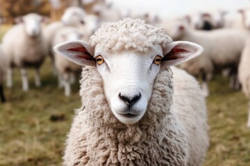 Fototapeta premium A group of sheep resting on a lush grassy area, suitable for rural or farm-themed designs