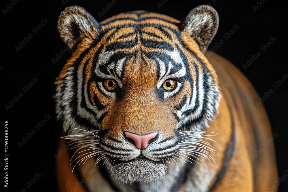 Poster close-up of a tiger's face on a black background, perfect for use in dark-themed designs or as a sym
