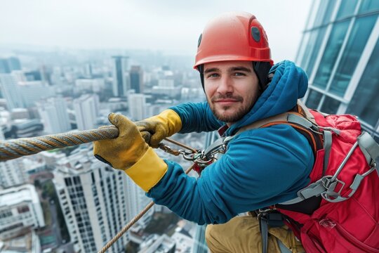 A steeplejack expertly navigating a skyscraper curved glass panels while cleaning.