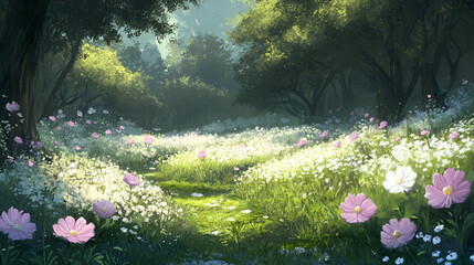 Tranquil Spring Field with Blooming Cosmos Flowers, Soft and Serene Meadow Filled with Cosmos Blossoms