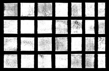 White textured old distressed surface rectangles collection. Linocut vector relief printing rough shapes textures set. Paint roller stains, text box templates. Artistic craft vintage retro backgrounds