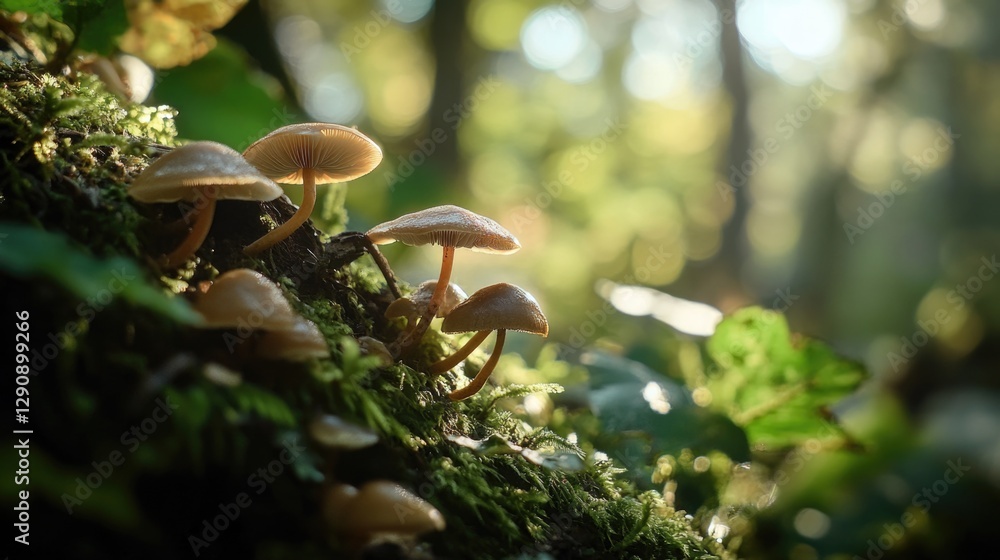 Poster group of mushrooms growing on the moss-covered branch of a tree