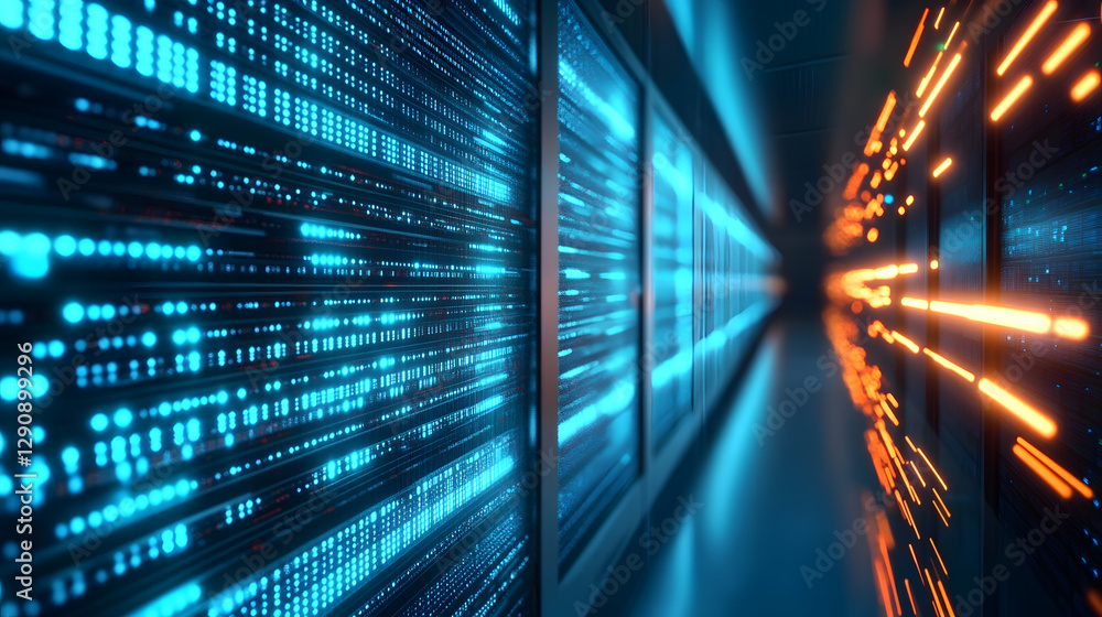 Poster digital data stream: abstract representation of a massive data center, showcasing glowing blue strea