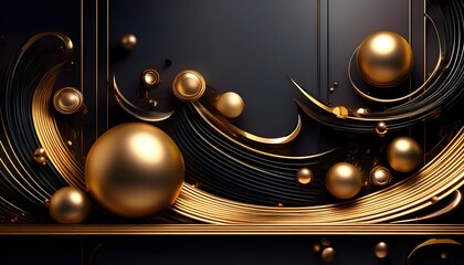Luxurious Golden Spheres and Abstract Metallic Swirls, Elegant 3D Gold Artwork with Flowing Metallic Shapes, elegant 3D wallpaper featuring gold metallic spheres and abstract shapes.