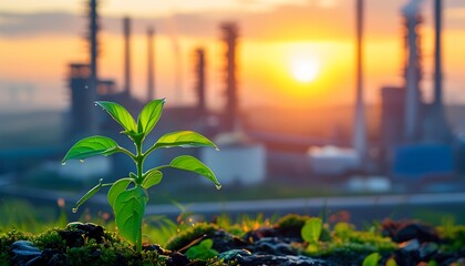 Emerging green life amid industrial pollution urban landscape nature photography sunrise environment close-up view sustainability concept