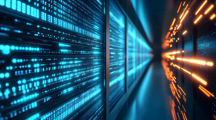 Digital Data Stream: Abstract representation of a massive data center, showcasing glowing blue streams of data flowing across a wall of servers. The image evokes a sense of speed, innovation.
