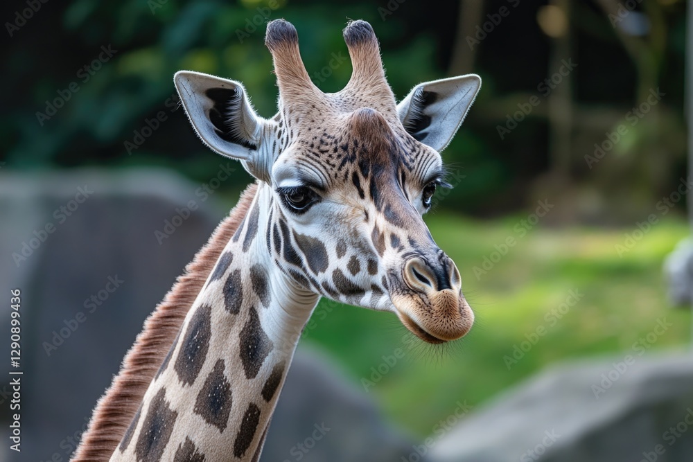 Poster a close-up view of a giraffe's head and neck, showing its distinctive features