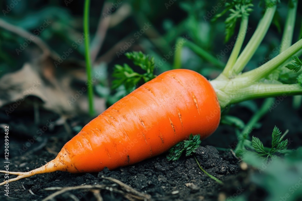 Poster a single carrot found on the ground amidst dirt and soil, ideal for use in food or agriculture relat