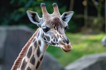 Obraz premium A close-up view of a giraffe's head and neck, showing its distinctive features