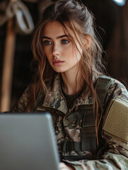 Fototapeta premium Young soldier working intently on a laptop