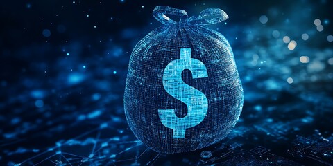 a blue mesh bag with a dollar sign