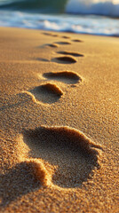 A trail of barefoot human footprints in soft, fine sand