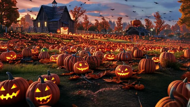 Pumpkin field illuminated by numerous jack-o'-lanterns at dusk, with a rustic barn in the background under a starry sky, evoking a festive Halloween atmosphere.