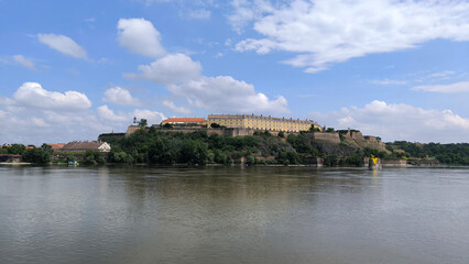 Petrovaradin fortress by the Danube ru=iver in bright spring day