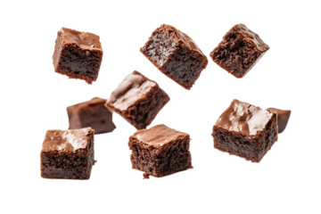 Delicious chocolate brownies falling.