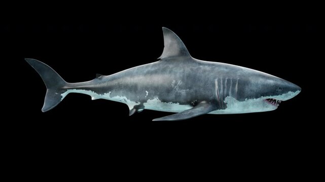 Close-up of a great white shark swimming underwater in a side view, seamless loop animation. Megalodon-inspired, the most fearsome predator in the ocean. Realistic 3D animation in 4K resolution.