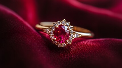 A beautiful ruby ring set on a rich red velvet fabric, sparkling under soft light